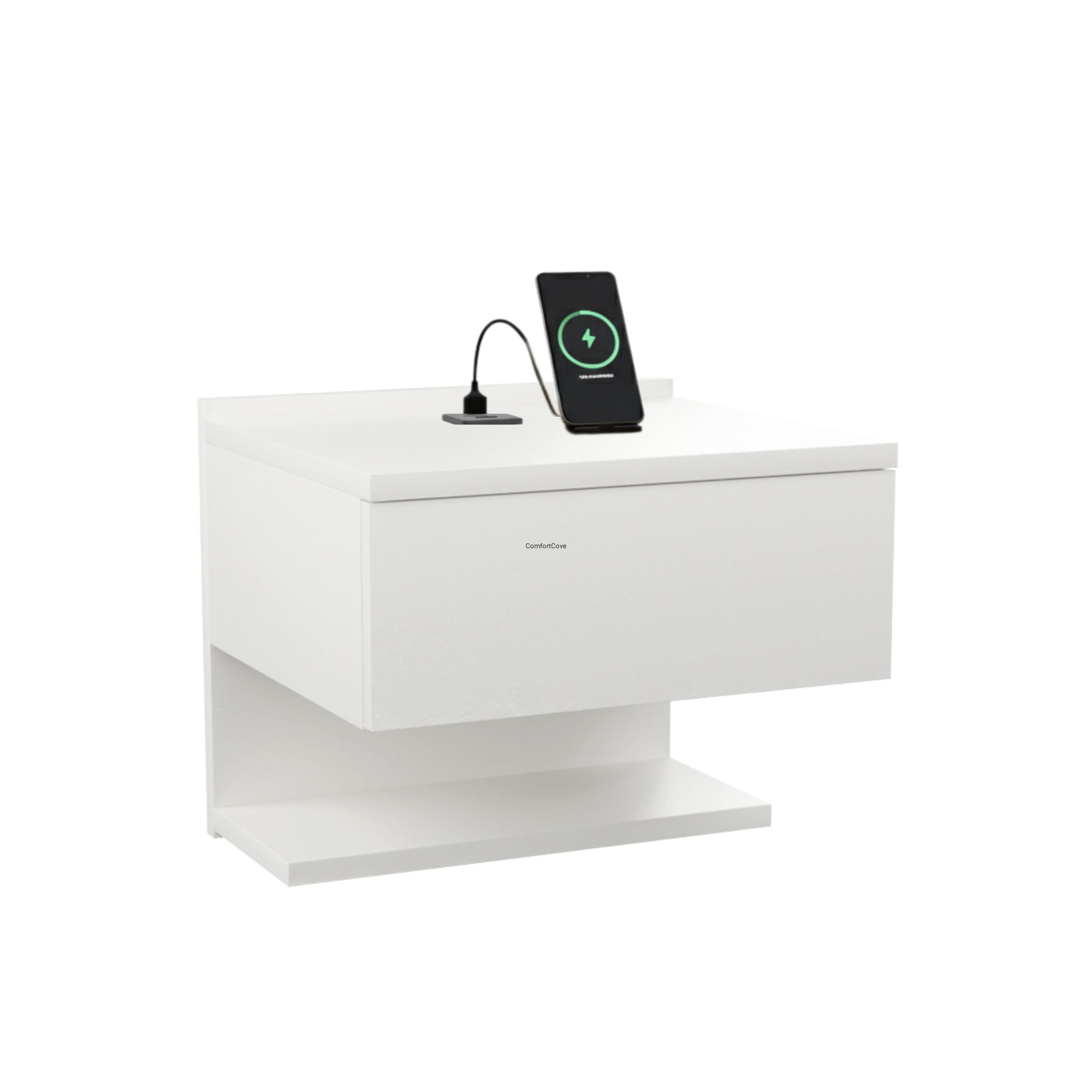 SZAFKA NOCNA WISZĄCA BIAŁA Z PORTEM USB I USB C SZUFLADA PÓŁKA 35X32X30 CM 