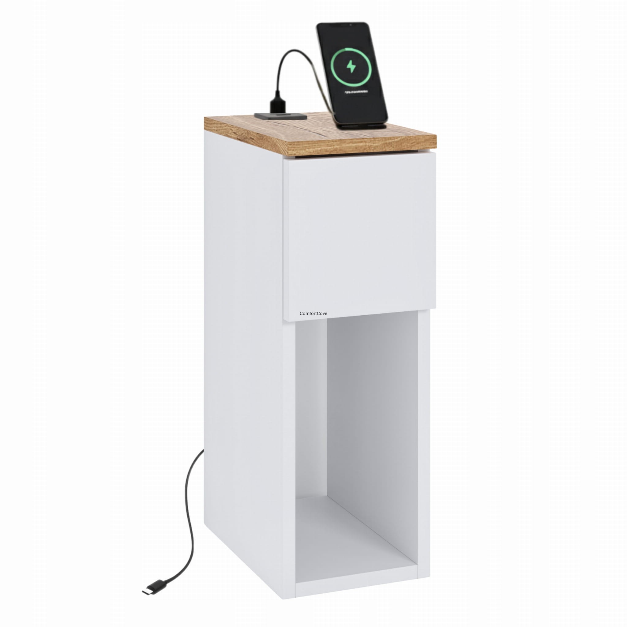 OUTLET SZAFKA NOCNA Z PORTEM USB/C 5V BIAŁA DĄB TORRO 20x30 CM Z SZUFLADĄ I PÓŁKĄ