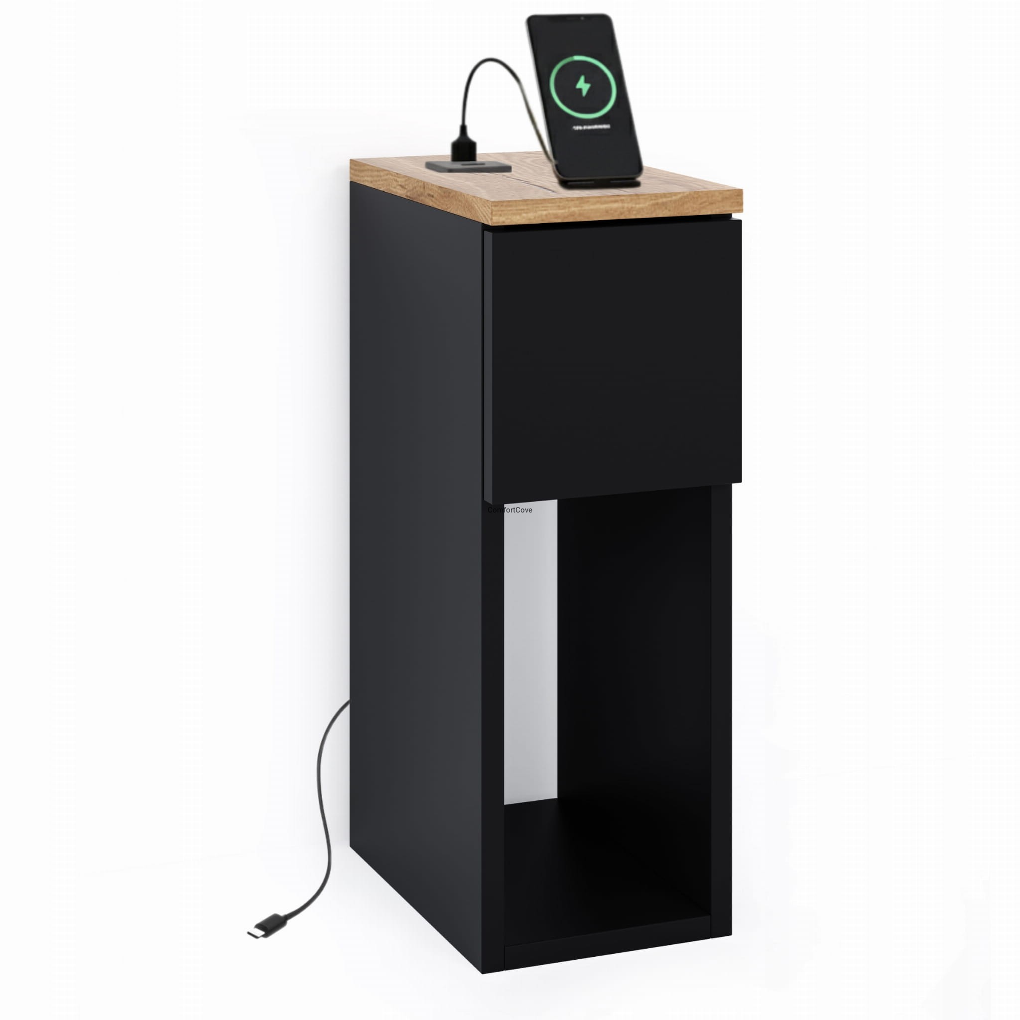 OUTLET SZAFKA NOCNA Z PORTEM USB/C 5V LOFTOWA CZARNA 20x30 CM Z SZUFLADĄ I PÓŁKĄ